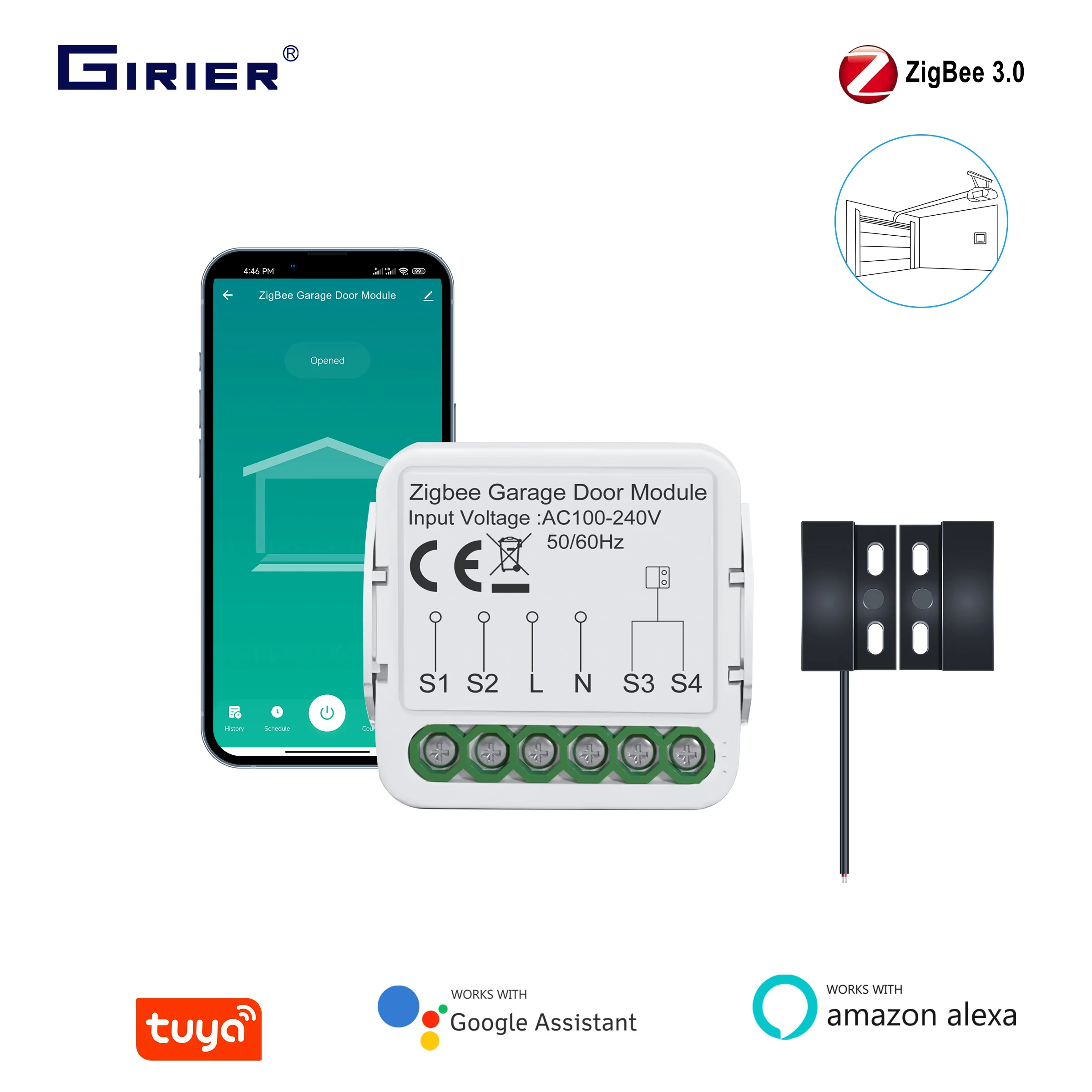 GIRIER 투야 스마트 차고 문 개폐기 컨트롤러 지그비 스위치 모듈 (차고 문용) 앱 타이머 제어, 알렉사, 헤이 구글 지원
