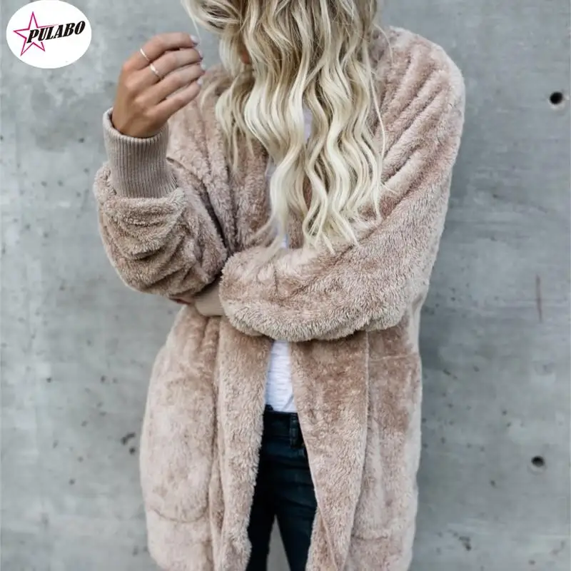 

Womens Fuzzy Fleece Jacket Solid Open Front Hooded Cardigan Coats Outwear with Pockets