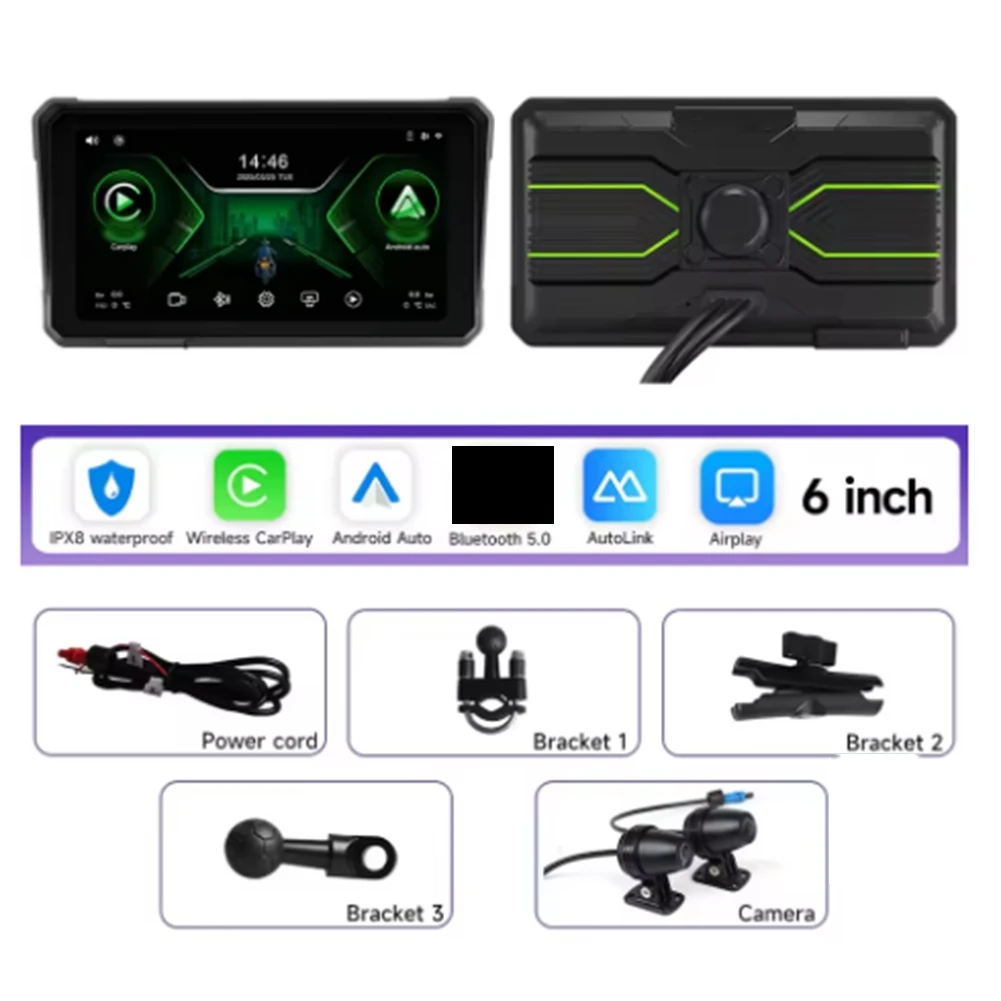 EF-6 인치 오토바이 2K HD 멀티미디어 플레이어 GPS 내비게이션 무선 카플레이 안드로이드 오토 IPX8 방수 터치 스크린