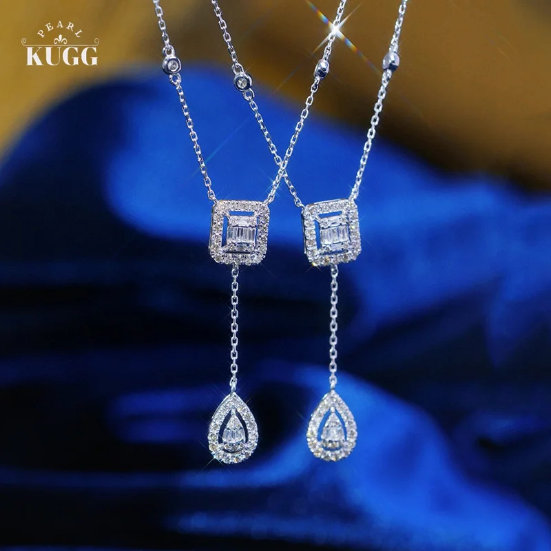 

KUGG 18K White Gold Necklace Fashion Water Drop Design 0.50carat Real Natural Diamond Pendant Necklace for Women Christmas Gift