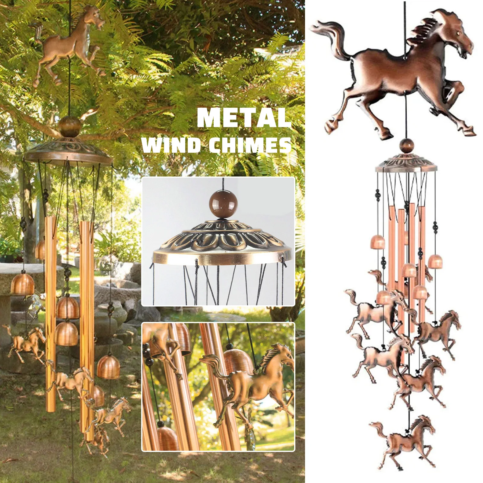 Windchime Retro Bronzes Horse, decoración de pared para el hogar, jardín ligero, adorno colgante al aire libre, regalo de cumpleaños