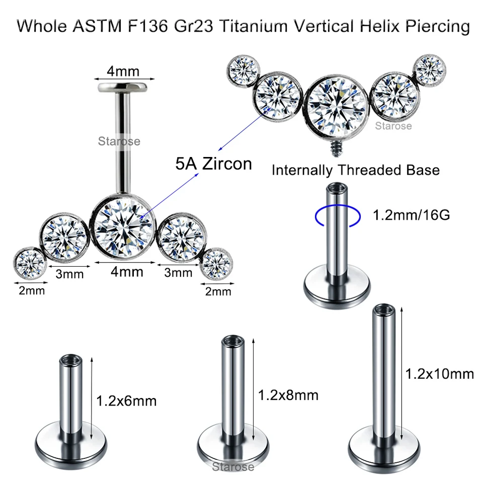 6 Orecchini In Titanio F136 Labret - 16G Con Sfera 3mm - Per Labbro, Tragus, Helix - Filettatura Interna - Foto 7