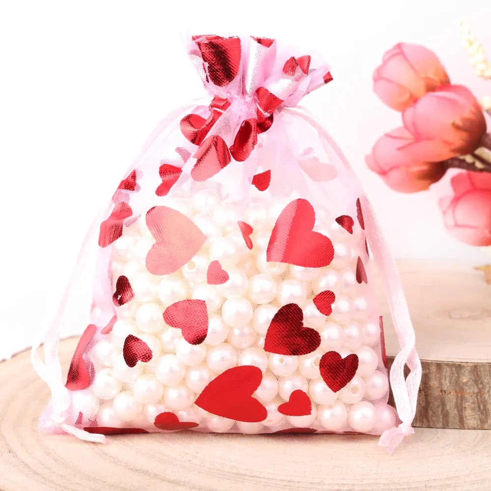 25pcs/Lot Red Love Heart Organza Bags 9x12cm 10x15cm 13x18cm Wedding Christmas Party Candy Storage Gift Pouches Jewelry Bag