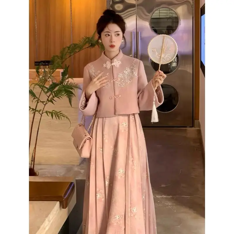 

Chinese Style Cardigan Tweed Short Jacket for Women High Waisted Half-Body Pleated Long Skirt Suit Fall and Winter 2024