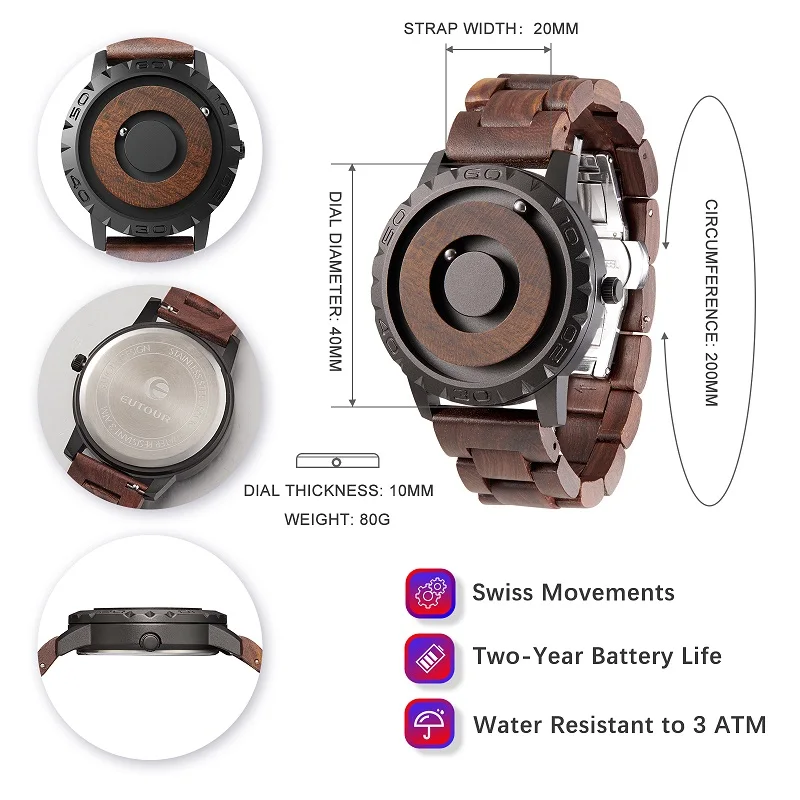 Fashion Quartz Wristwatches EUTOUR E030 Magnetic Wooden Watch Casual Simple Men's Watch Wood Strap Watch for Man