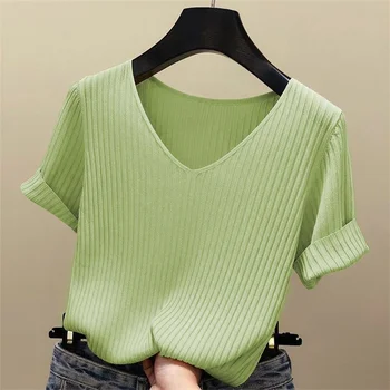 2026 Summer Blouse Women Blusas Mujer De Moda Verano Short Sleeve Blouse V-Neck Knitted Blouse Shirt Tops Women Blusas 1