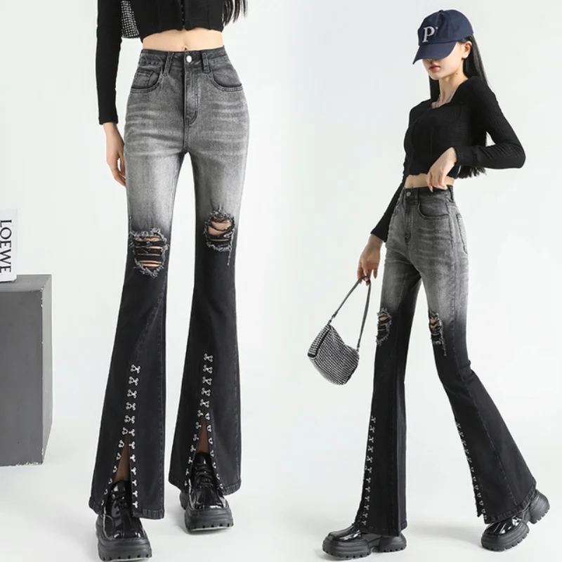 

Women Flare Jeans 2023 Spring Autumn Stretchy Gradient Color Skinny Denim Pant Woman High Waist Hole Ripped Mom Jeans Trousers