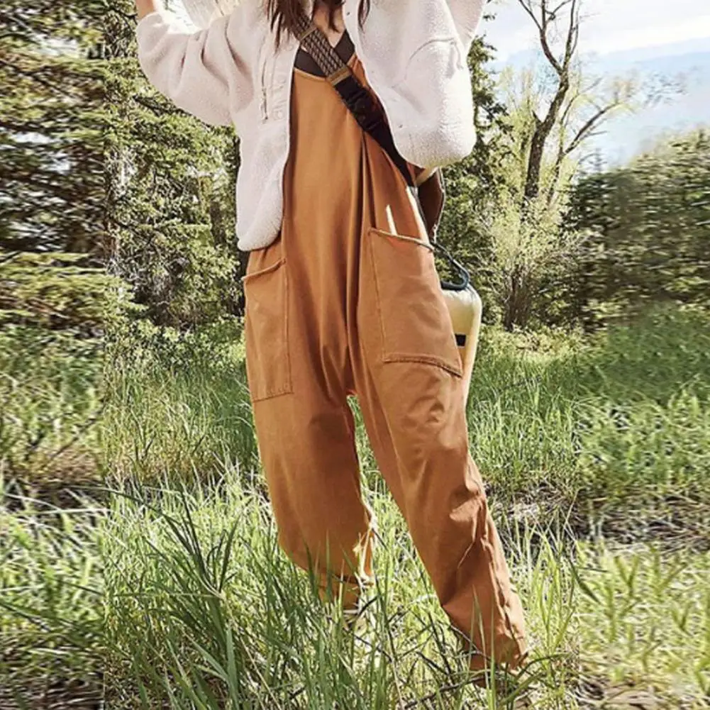

Women Jumpsuit Low Cut V Neck Loose Solid Color Backless Sleeveless Deep Crotch Jumpsuit Fall Outfits Women Combinaison Femme