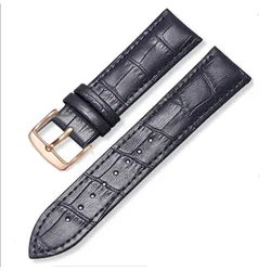 Elegant Black and Brown Leather Watchband with Rosegold Buckle - Versatile Unisex Design Available in 7 Stunning Colors - 21mm (Blue)