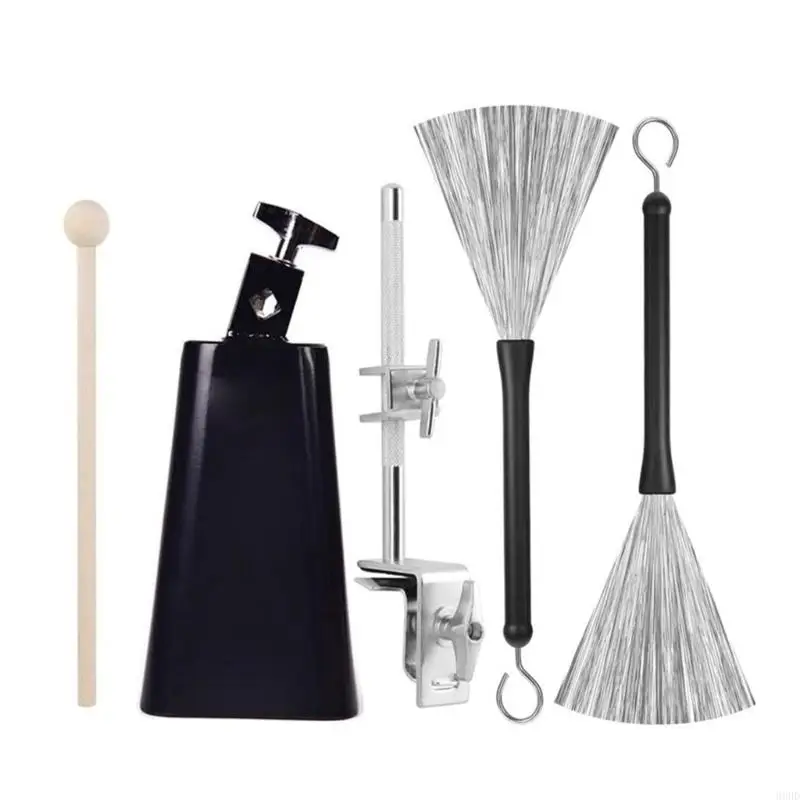 Komplettes Drum Cowbell-Klemmen-Set inklusive 6-Zoll-Metallglocke, zwei Bürsten und Holztrommelstock für Percussion-Zubehör 69HD – Detail 1