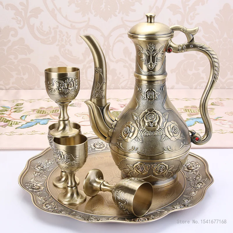 European Style Metal Wine Set, Home Meal Supplies Decoration Luxury Rose Zinc Alloy Liquor Flask Small Wine Cups, Tray, 6Pcs Set