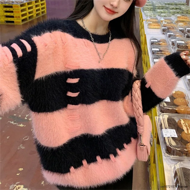 

Striped mink fleece sweaters contrast gentle thickened pullovers Korean fashion warm y2k jumpers oversize soft knitwear