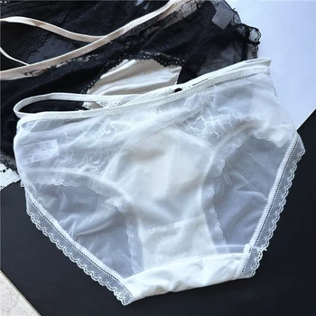 Womens Sexy Ice Silk Briefs Lace Mesh Mid Waist Underwear SeeThrough Stitching Thin Straps Low Rise Thong Briefs Soft Lingerie