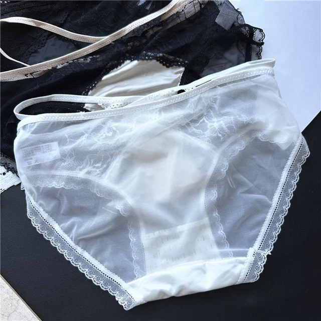 Womens Sexy Ice Silk Briefs Lace Mesh Mid Waist Underwear SeeThrough Stitching Thin Straps Low Rise Thong Briefs Soft Lingerie