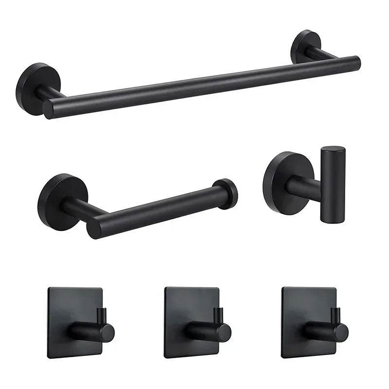 Bathroom Hardware Set Accessories Stainless Steel Towel Rack Toilet Paper Holder Hook Bathroom Shelf Organizer Set 5/6PCS