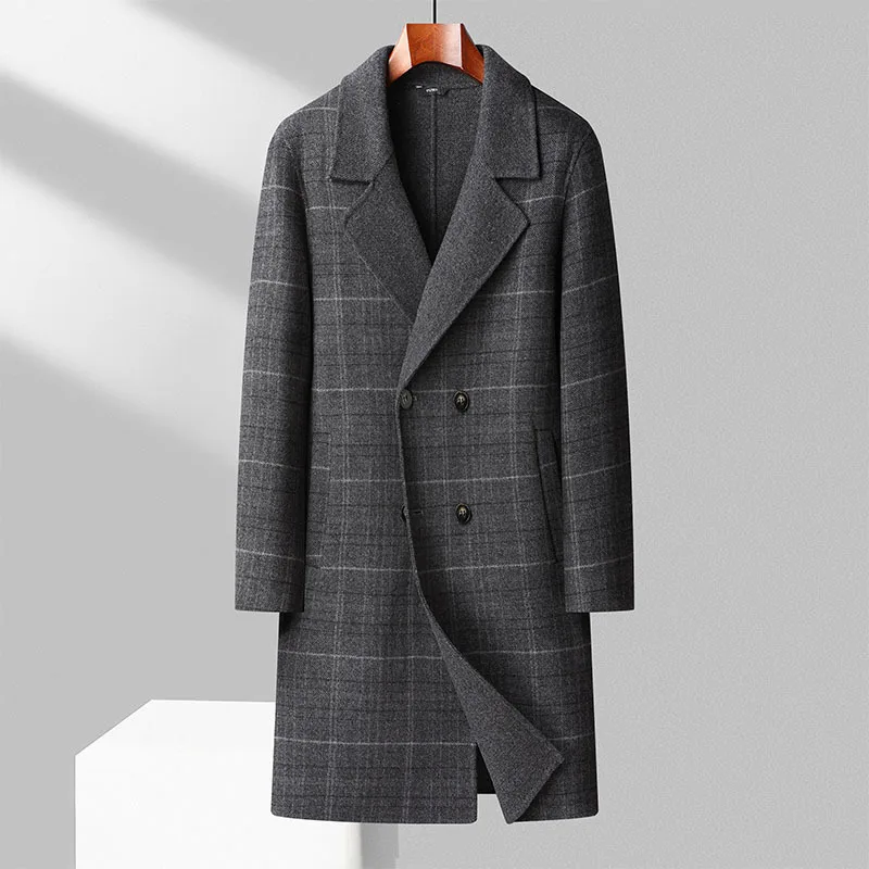 

Autumn Winter Plaid Long Jacket Double Breasted Woolen Coat Groom Warm Tuxedos Casual Prom Suits Mens Overcoat