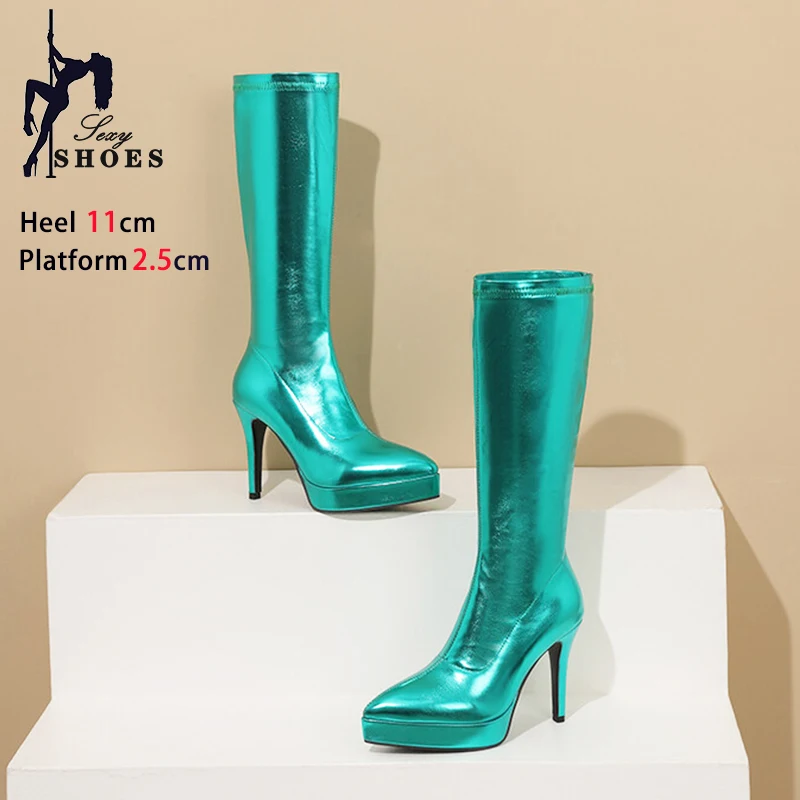 Gold Platform Boots Elastic Patent Leather Lady Pointed Toe High Heels 11CM Slim Leg Mid Boots Large Women Spring Autumn Shoes