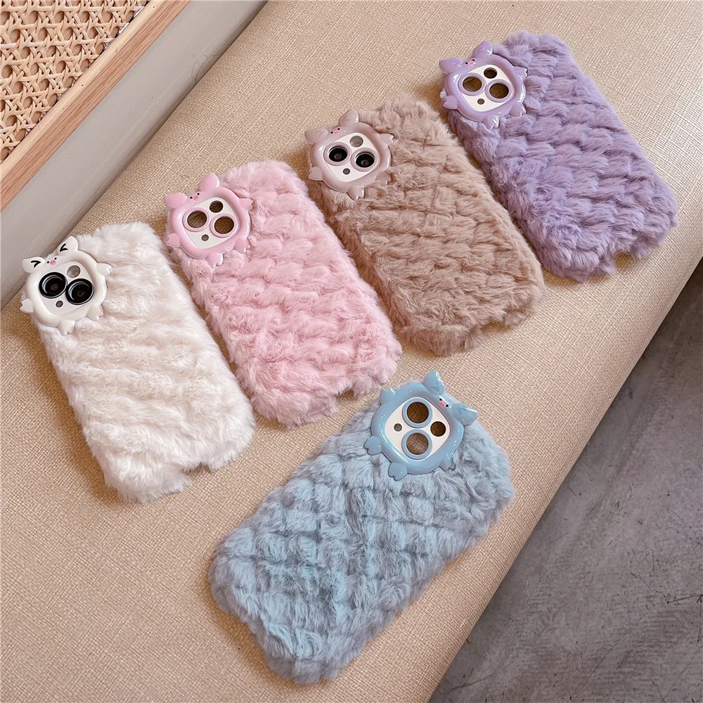 

Cute Bear Grid Pattern Wool Winter Warm Plush Hairy Phone Case For iPhone X XR XS 11 12 13 14 15 15Pro Max Shockproof Back Cover