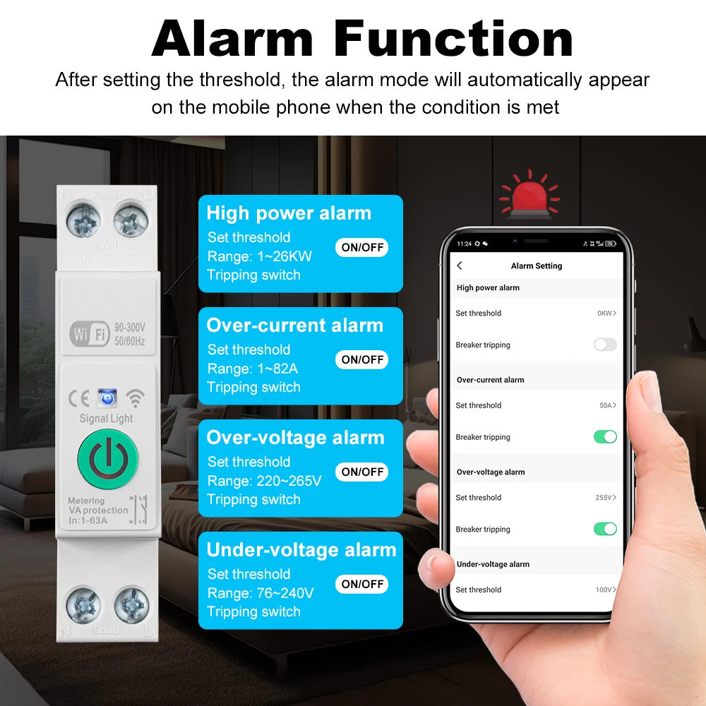 Manhot Tuya 1P+N 63A WiFi Smart Circuit Breaker With Energy Monitoring Voltage Current Protection Switch For Alexa Google Home