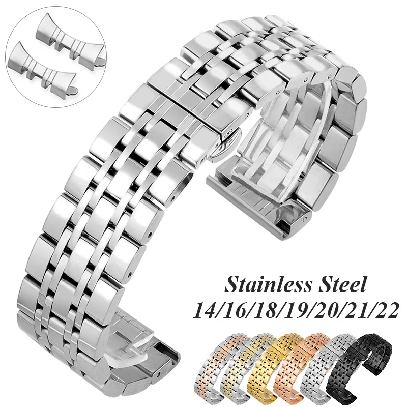 Sleek Stainless Steel Curved End Watch Strap - Universal Wristband Accessory