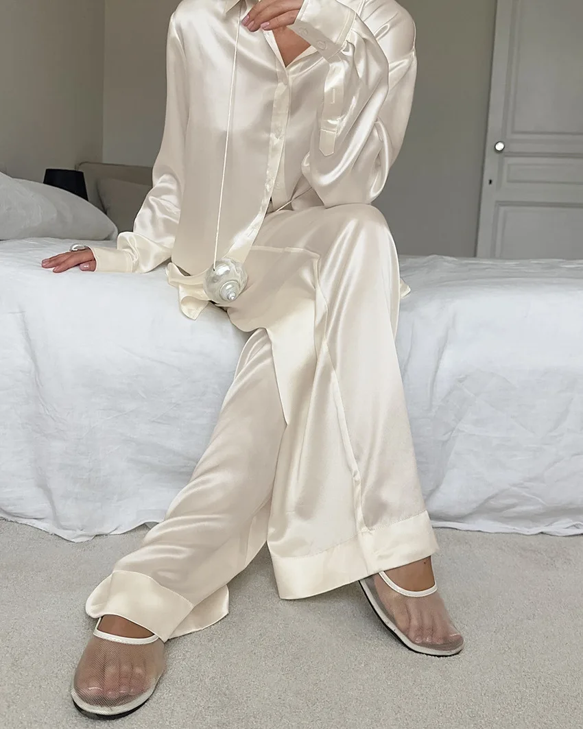 Fashion Commute 2 Piece-Set Trousers Ladies Casual Solid Shirts And High Waist Wide Leg Clothes Outfits Women's Pants Sets