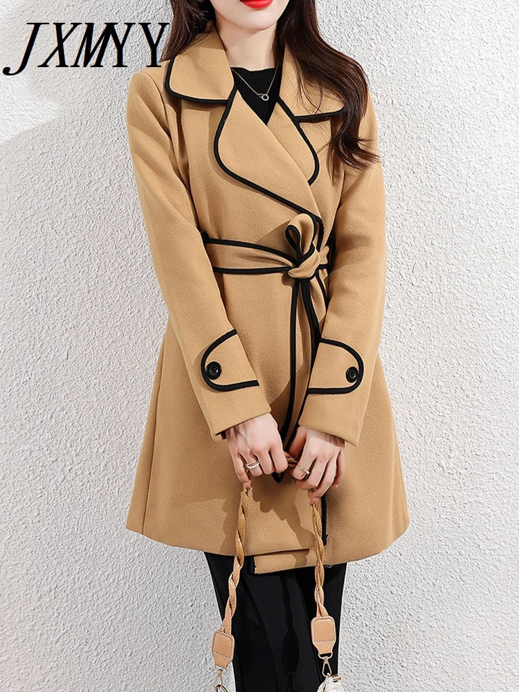 

JXMYY Autumn And Winter New Fashion Temperament Loose Thin Patchwork Color Hand-Tied High-Grade Korean Wool Coat female Tide