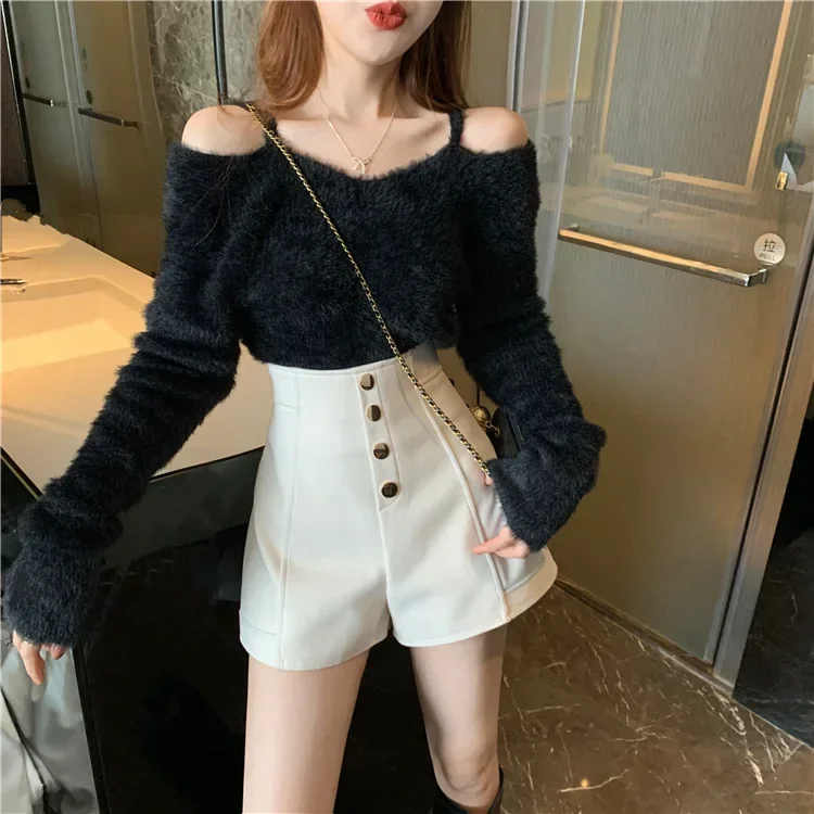 Black Shorts Women's Wide Leg Pants High Waisted Single Breasted A-line Shorts Casual Pants Elegant Temperament Shorts For Women