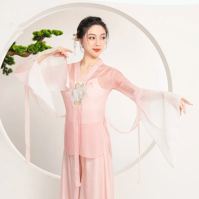 

Classical Dance Clothes For Women Elegant Diamond Chiffon Gradual Change Gauze Costume Chinese Folk Dress Fairy Ribbon Pink Top