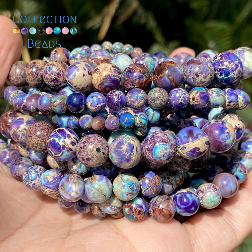 Grânulo solto para fazer jóias, acessórios para pulseiras DIY, pedra natural, roxo e azul do lago, jaspe de sedimentos marinhos, espaçador redondo, 4-10mm