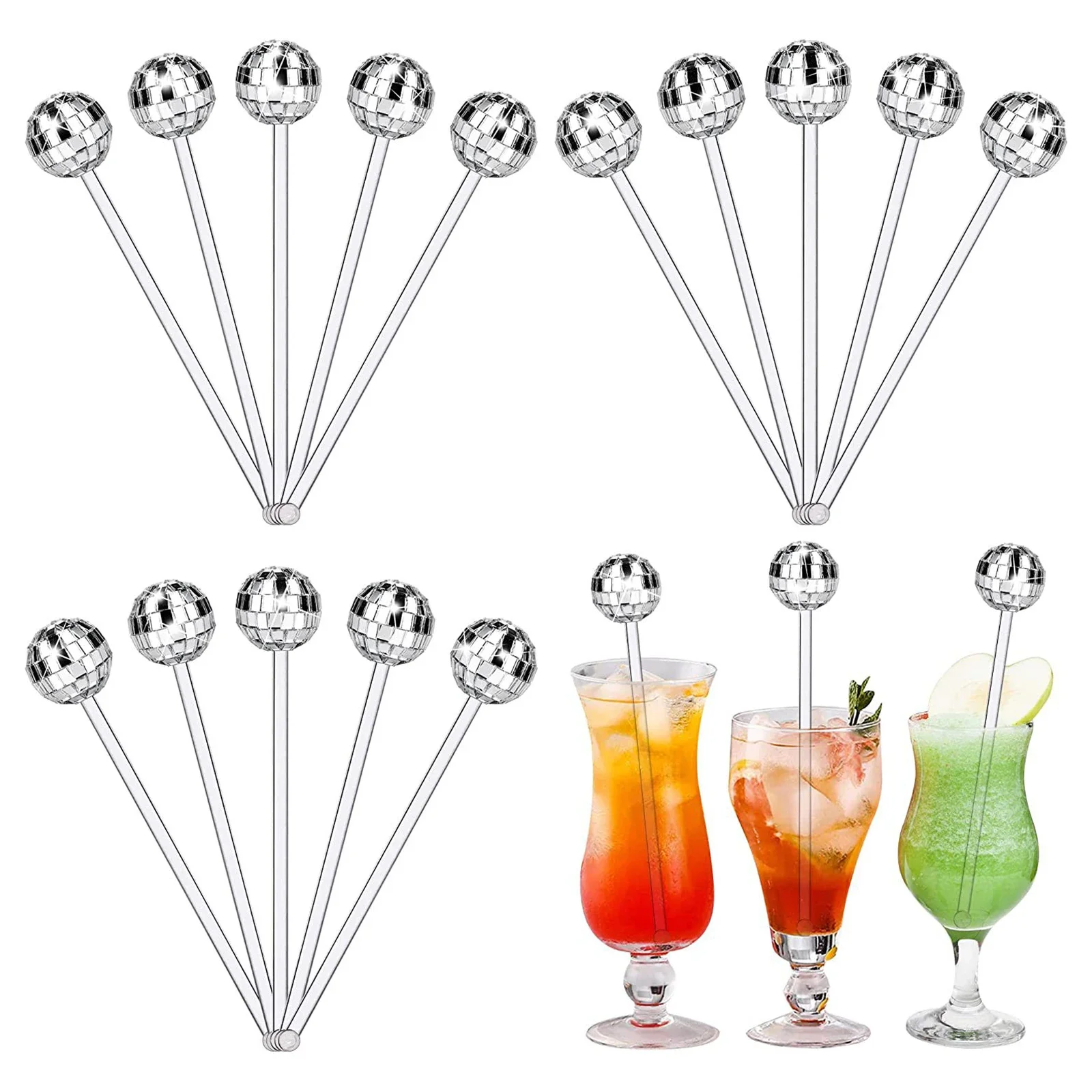 10/24 Pcs Disco Ball Drink Stirrers | Plastic Mini Sparkling Cocktail Stir Sticks | Home Bar, Party & Tumbler Decor