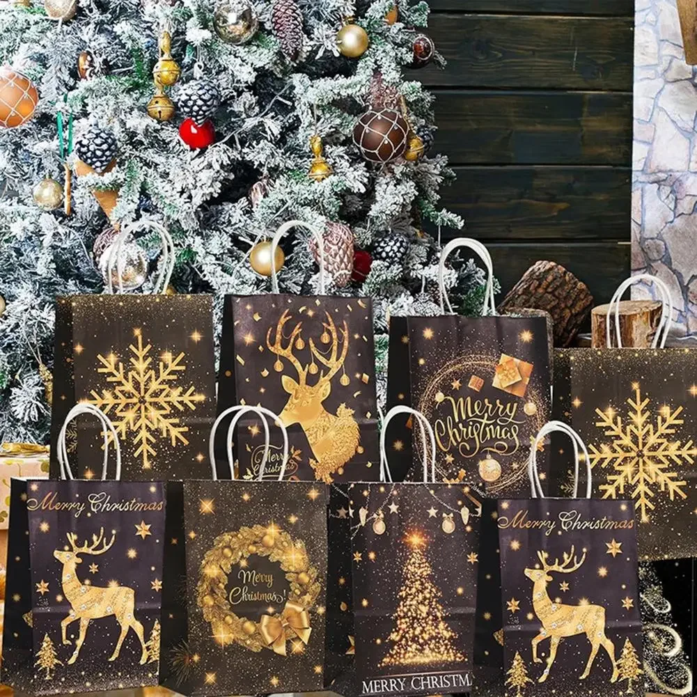 12PCS Christmas Candy Bags With Handle Christmas Kraft Paper Bags New Year Tree Elk Snowflakes Gifts Box Xmas Bag christmas gift bags christmas candy packaging