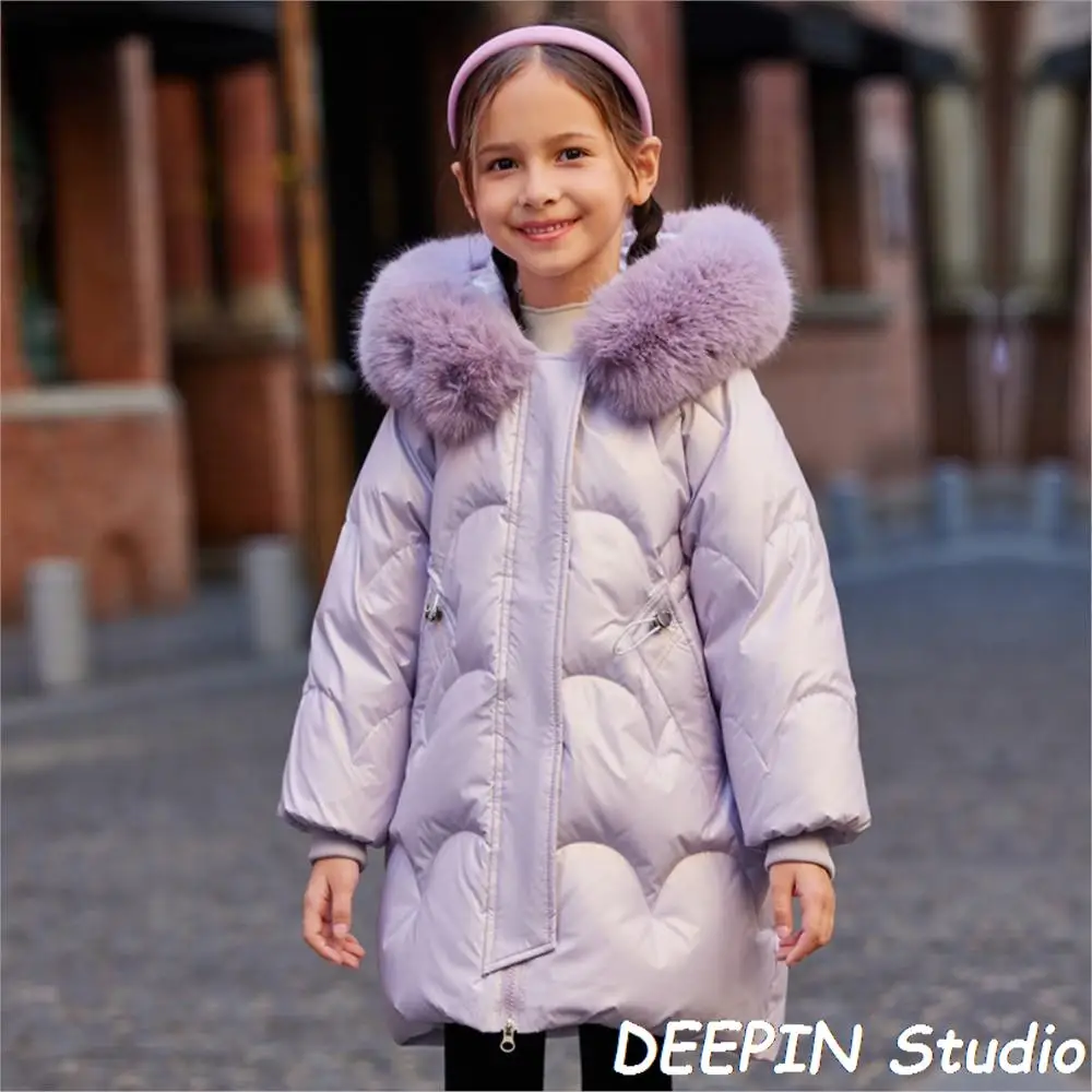 

2024 New Kid Duck Down Jacket Fashion Parka Girl's Fur Hooded Clothes Slim Belt Casual Children Coat Pocket Warm Kid Down Jacket