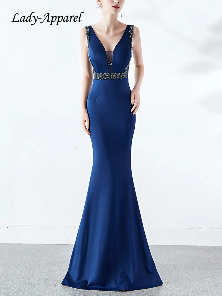 

Lady-Apparel Glitter Rhinestone Evening Dress Women Sexy Deep V Tight Fishtail Dress Hollow Sheer Tulle Patchwork Dresses