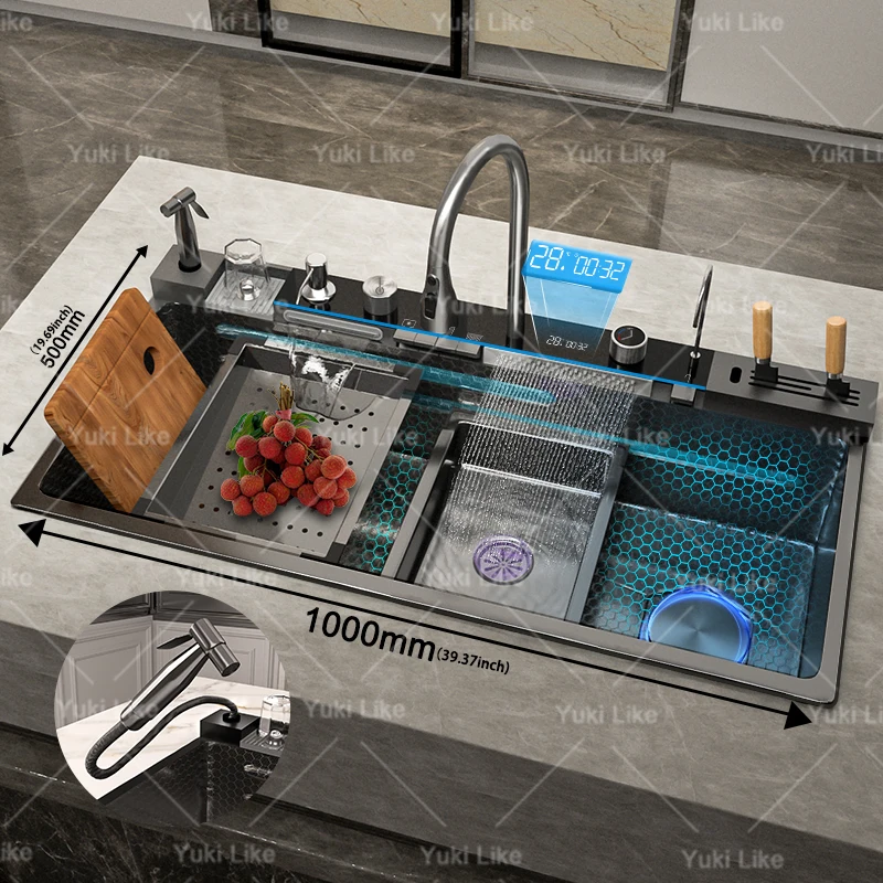 Stainless Steel Waterfall Kitchen Sink Embossed Extra Large Single Slot Modern Digital Display Dishwashing Basin