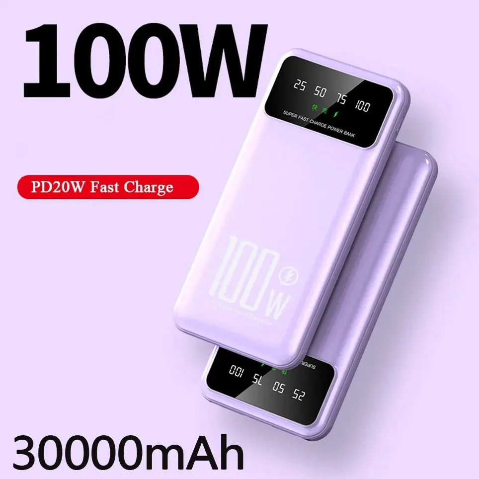 

100W 30000mAh Mobile Power Bank PD Ultrafast Charging External Power Supply Ultrathin Portable Digital Display Phone Accessories