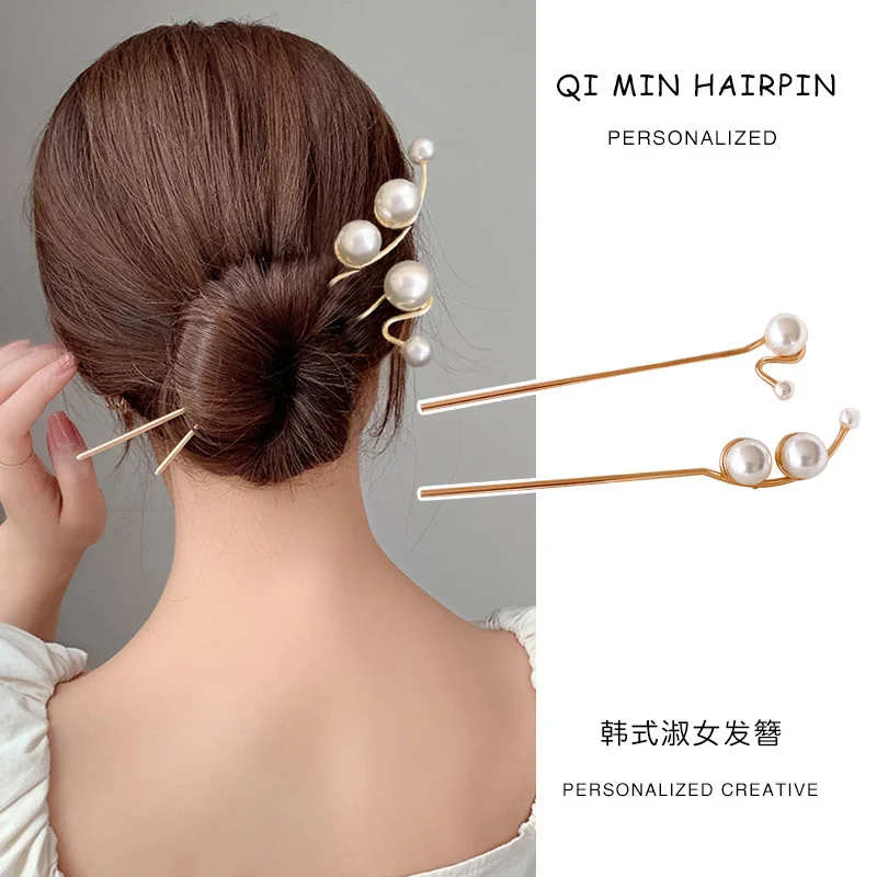 

Pearl Hairpin Simple Temperament Metal Hair Sticks For Women Bun Hair Style Dish Up Gold Hair Pins Vintage Hair Accessories