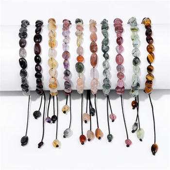 Natural Stone Irregular Beads Bracelet Adjustable Reiki Fluorite Citrines Quartzs Tiger Eye Stone Braided Bracelet For Women Men