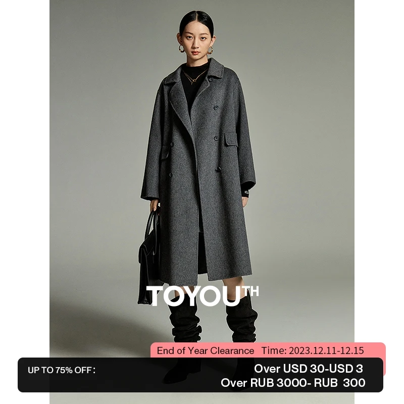 

Toyouth Women Thickened Double-sided Wool Coat 2023 Winter Long Sleeve Lapel Warm Overcoat Fashion Versatile Gray Outwear Tops