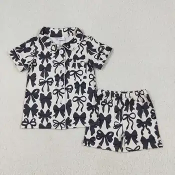 Toddler Girl Summer Pajamas Set Baby Black Bows Print Button-Down Lapel Pocket Short Sleeve Tops and Shorts Loungewear 2Pcs Sets 2