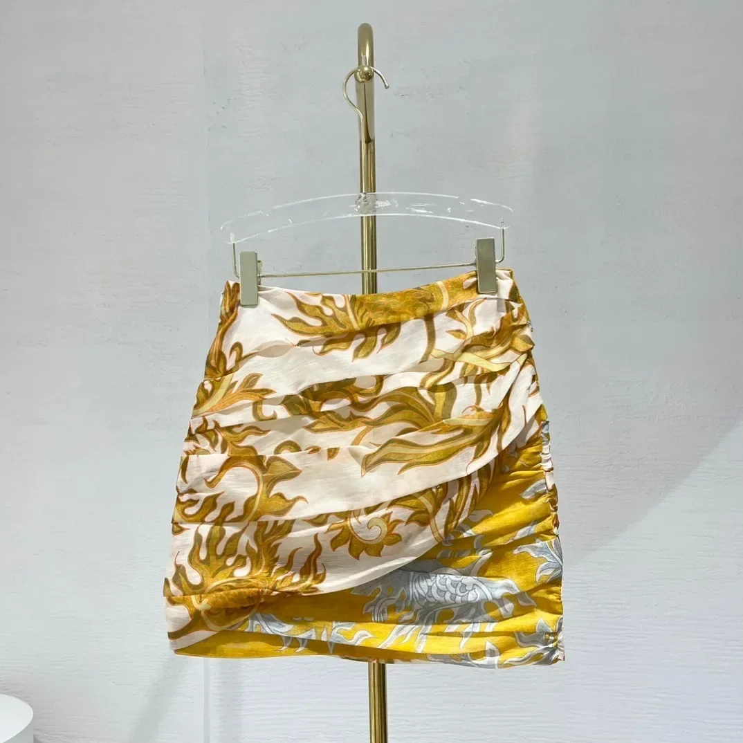 Silk Linen Summer 2024 High Quality Position Floral Print Long Lantern Sleeve Blouse and Folds Skirt Women Vintage Sets