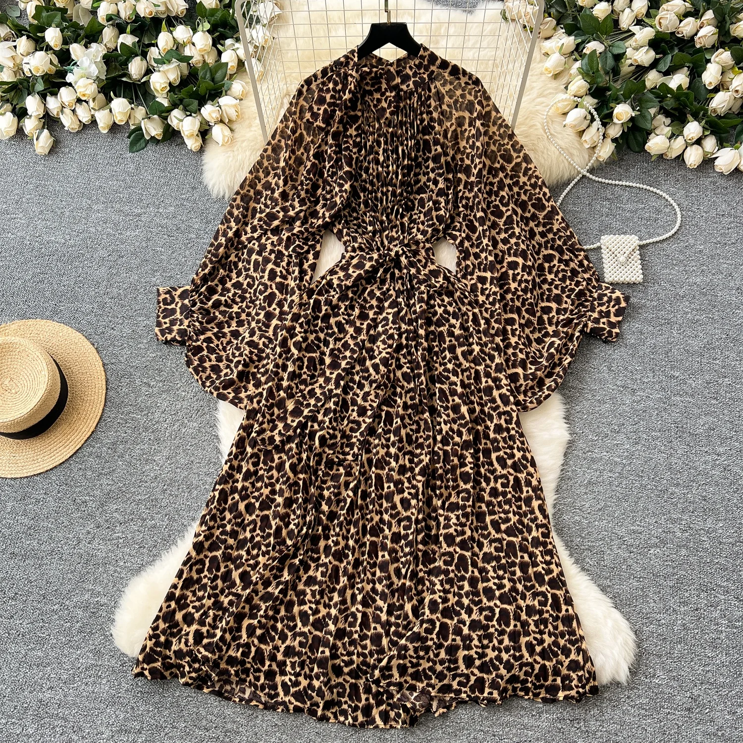 فستان فضفاض مطبوع على الموضة للنساء للشتاء بخصر عا...