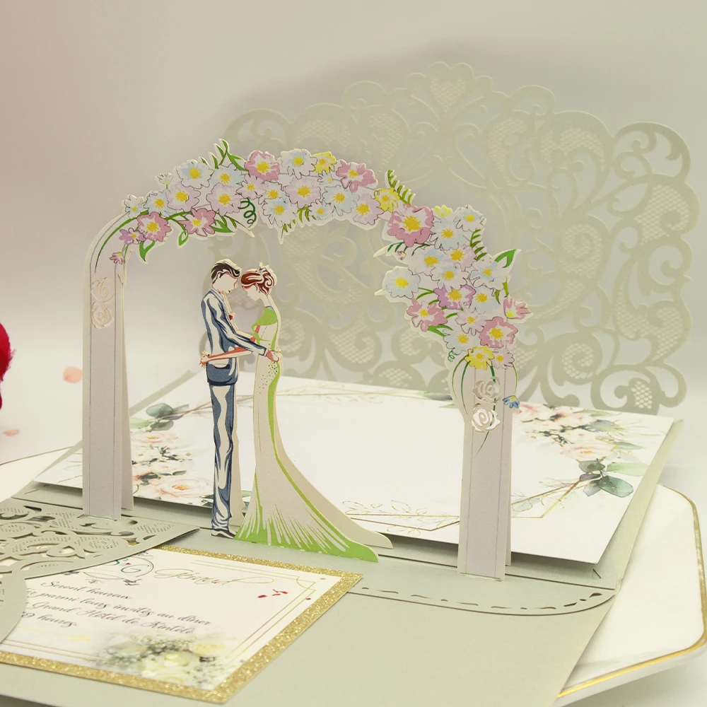 10 pieces 3D Pop Up Pearl White Wedding Invitation High-end Tri-fold Pocket Heart Bride and Groom Greeting Invite Card IC167
