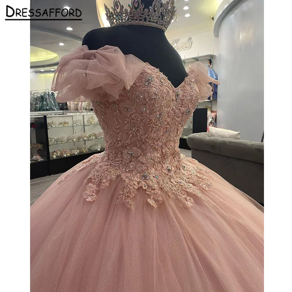 

Pink Princess Ball Gown Quinceanera Dresses Sweet 15 Party Pageant Lace Crystal Beads Tulle Sweetheart Corset