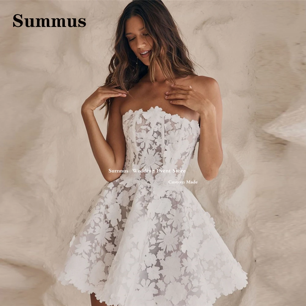 

Sumnus Sexy Mini Short Bridal Dresses Saudi Arabia Lace Strapless Print Wedding Gown A-Line Bridal Gowns Party Bride Dress 2024