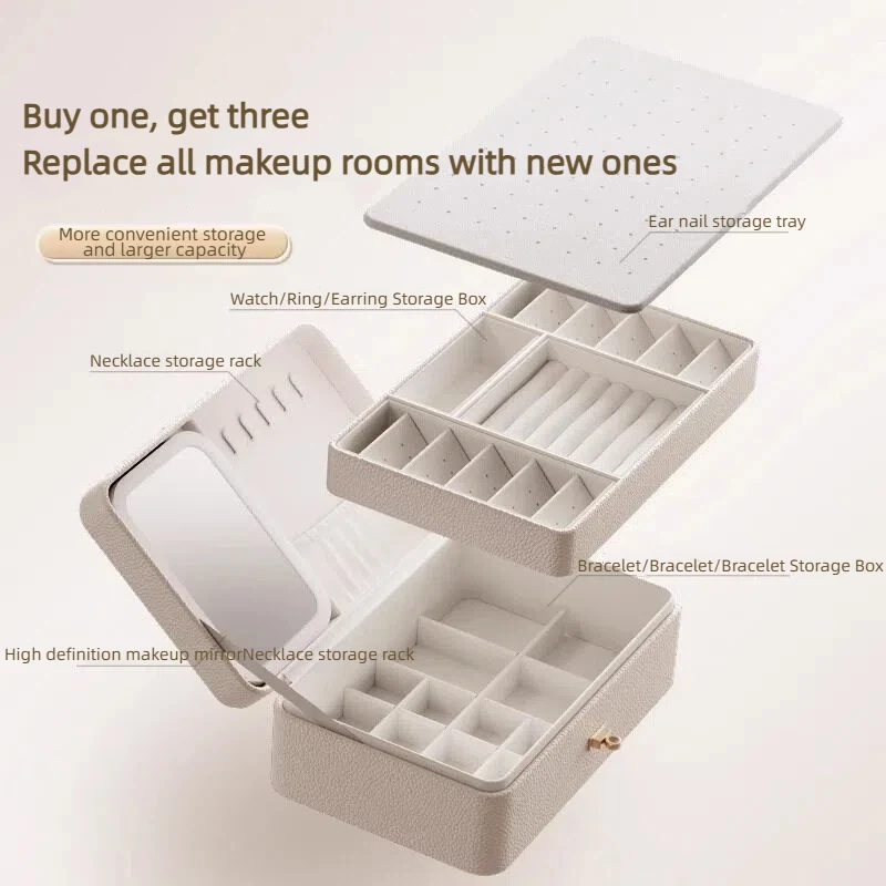 صندوق مجوهرات عالي الجودة مضاد للأكسدة متعدد الطبقات ذو سعة كبيرة مع مرآة مكياج للأقراط والخواتم والقلائد