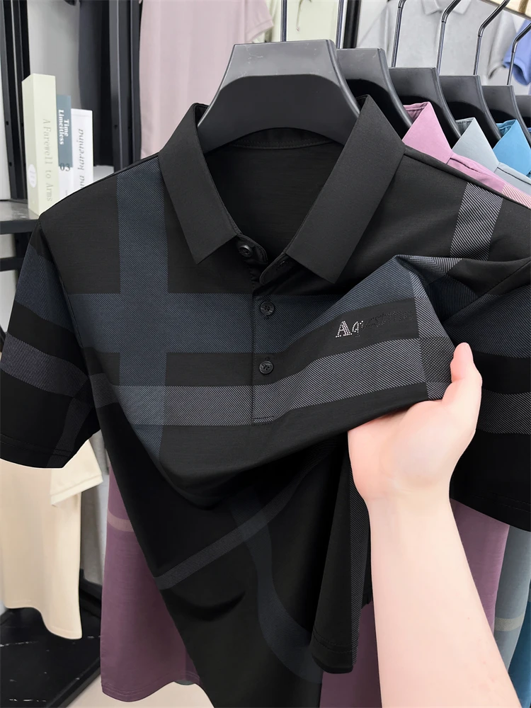 Summer High-end Luxury Men's Polo Shirt Lapel Stripe Print Short-sleeve Seamless T-shirt British Business Fashion Top Men's Wear 20 S5e494133df2e4f26abde473141bb1345a