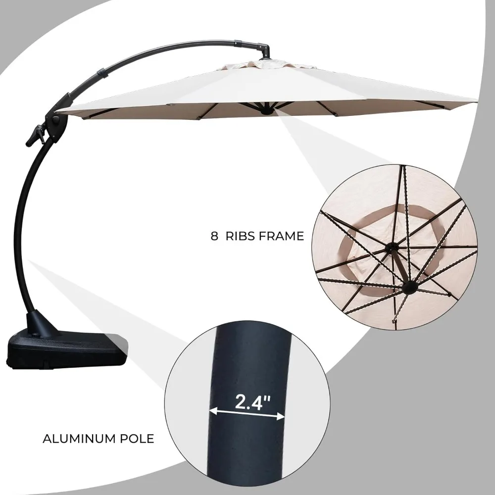 12FT Outdoor Offset Umbrella Large Round Aluminum Cantilever Umbrella with Base for Garden Deck Poolside (Champagne, 6