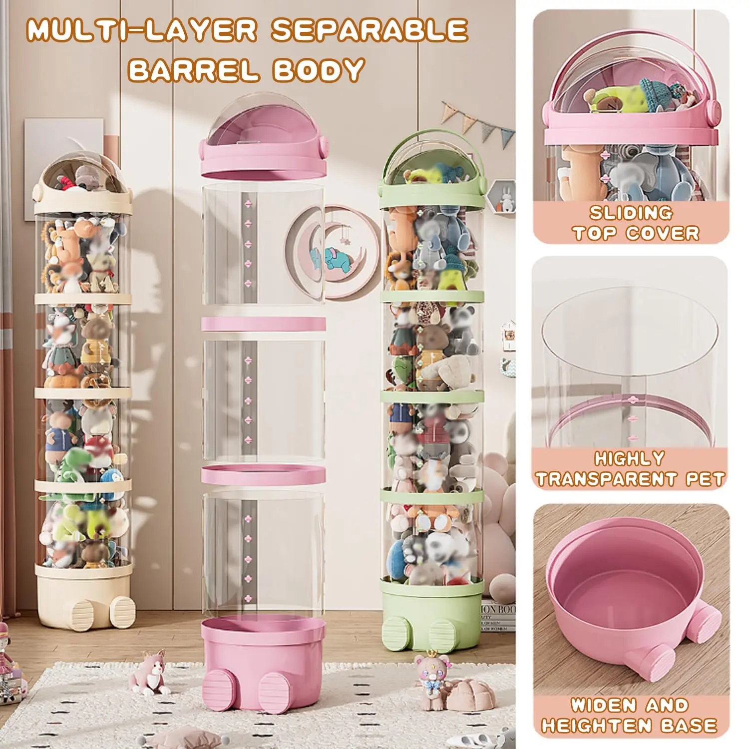 Large-Capacity Plush Toy Storage Bin Cartoon Doll Organizer Barrel Dustproof Stuffed Animal Storage Bucket for Kids No Dolls