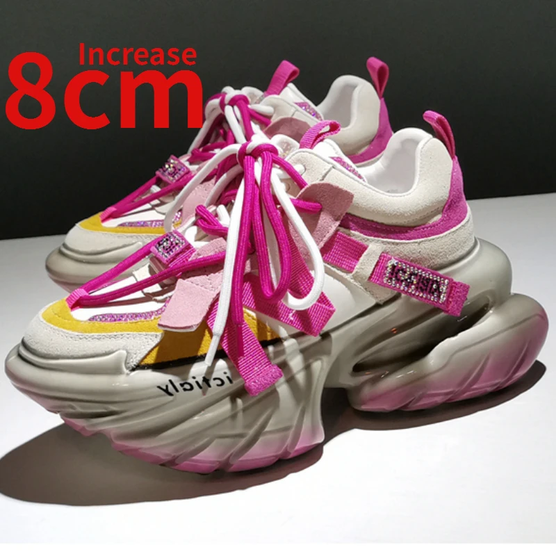 

European/American Sneakers Casual Shoes for Women Height Increased 8cm Genuine Leather Rocking Shoes Street Sports Dad's Shoes