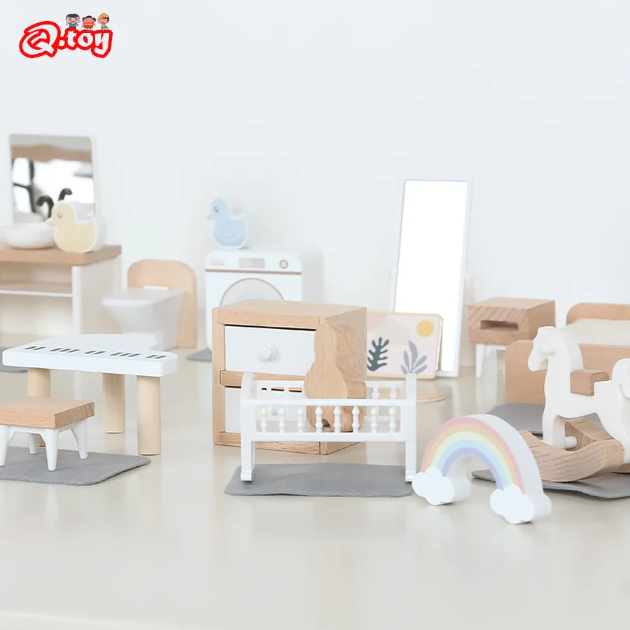 Wooden Miniature Dollhouse Furniture Accessories Kit Pretend Play INS Style Living Room Bedroom Kitchen Bathroom Imitation Game